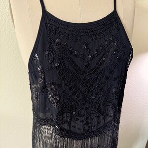 Vintage Sheer Low Back Sequin Tassel Top Black Size Small